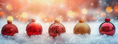 Five Christmas Ornaments Resting In Fresh Snow