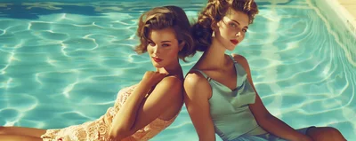 Two Elegant Women Posing Back To Back In Pool