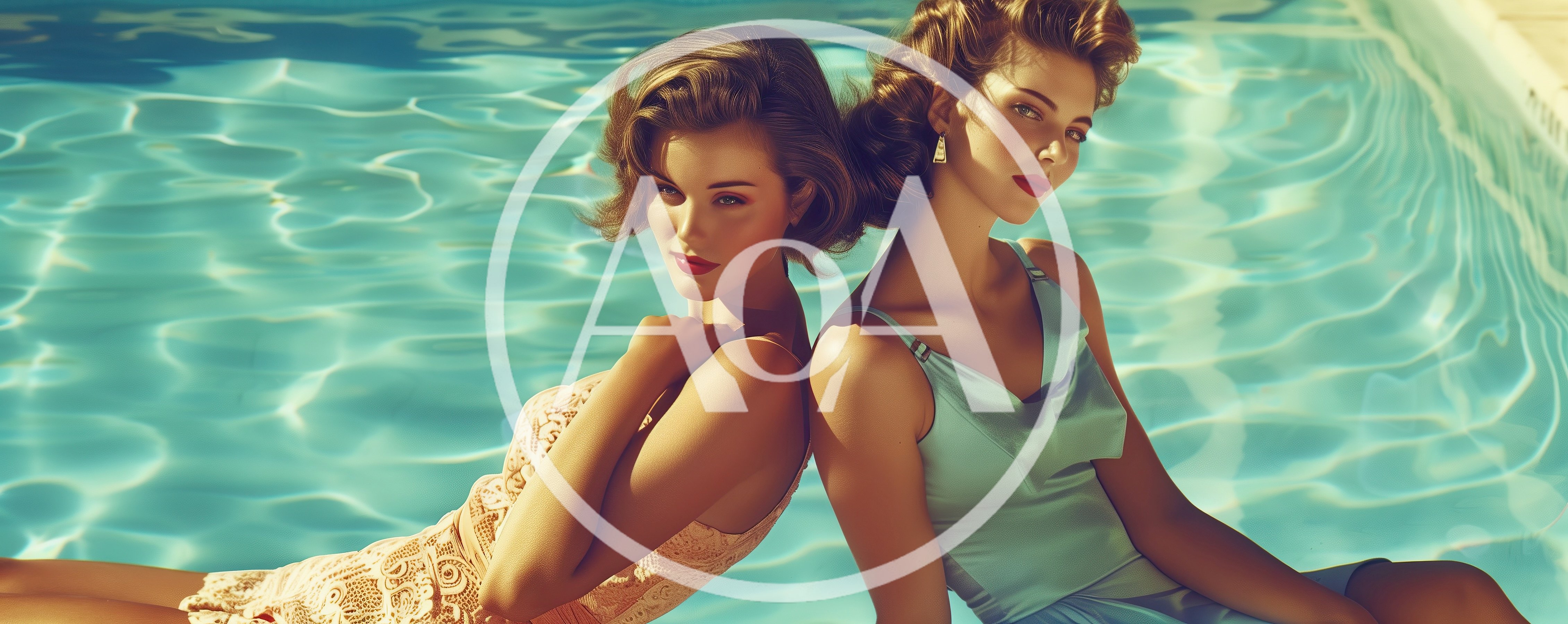 Two Elegant Women Posing Back To Back In Pool