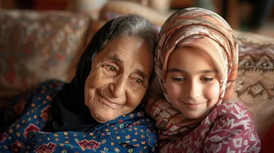 Elderly Grandmother and Young Granddaughter Sharing a Tender Moment