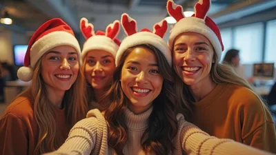 Four Young Women Taking A Festive Office Selfie