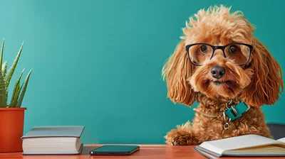 Cute Poodle Wearing Glasses Studying At A Desk