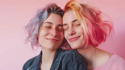 Two Young Women With Colorful Hair Embracing