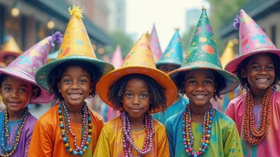 Group of Happy Children Wearing Colorful Party Hats