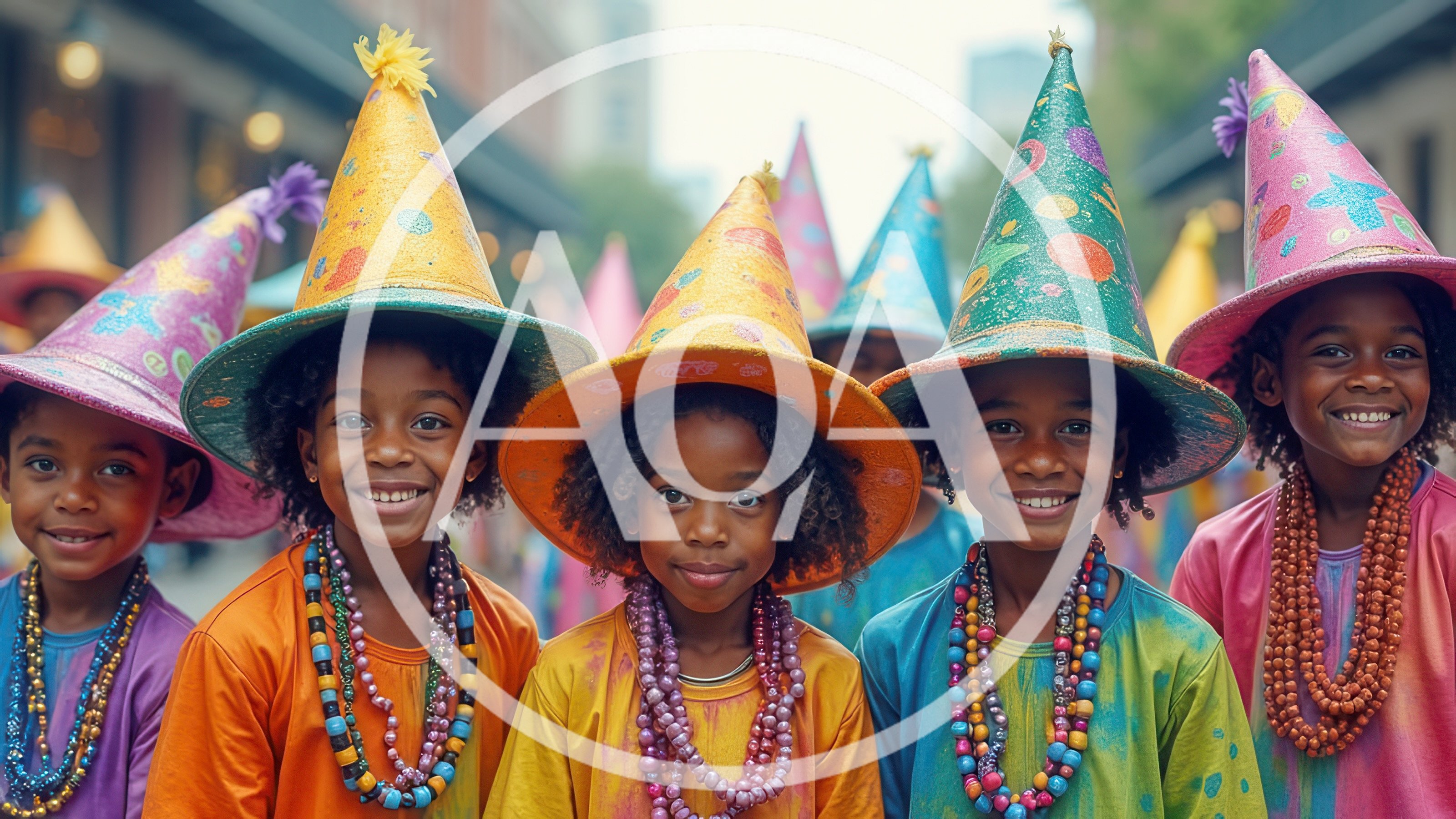 Group of Happy Children Wearing Colorful Party Hats