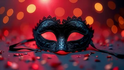 Black Masquerade Mask On Dark Surface With Red Bokeh