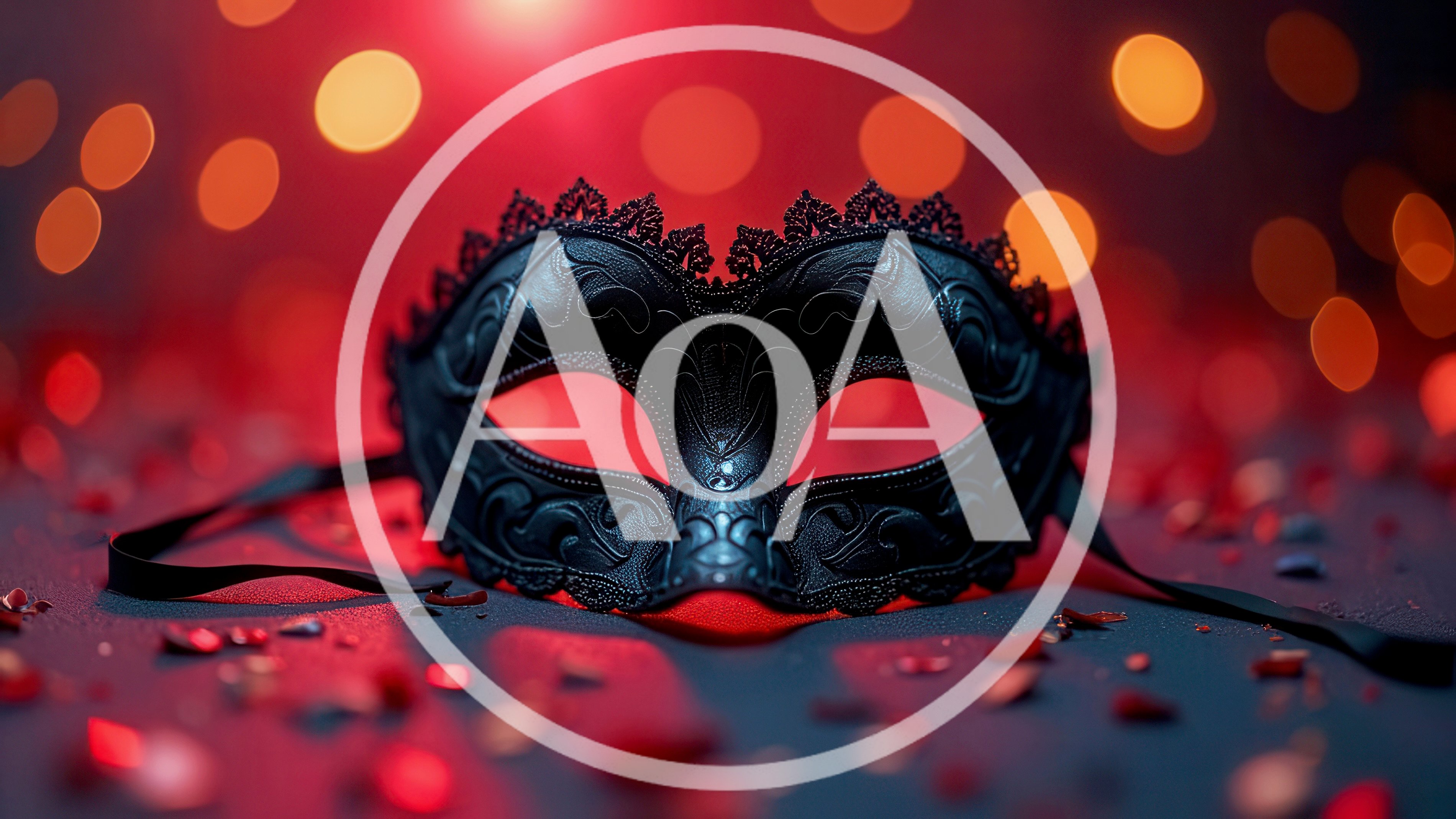 Black Masquerade Mask On Dark Surface With Red Bokeh