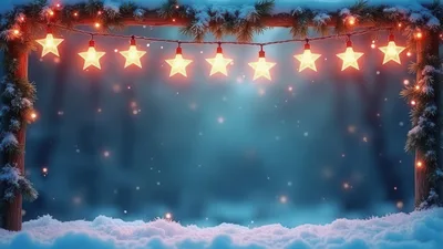 Christmas Star String Lights Hanging Over Snowy Landscape
