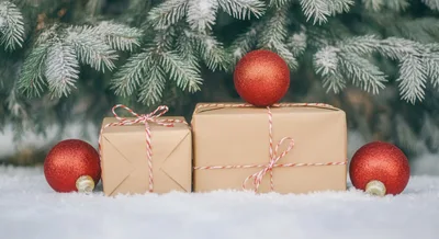 Christmas Gifts Under Snowy Pine Tree