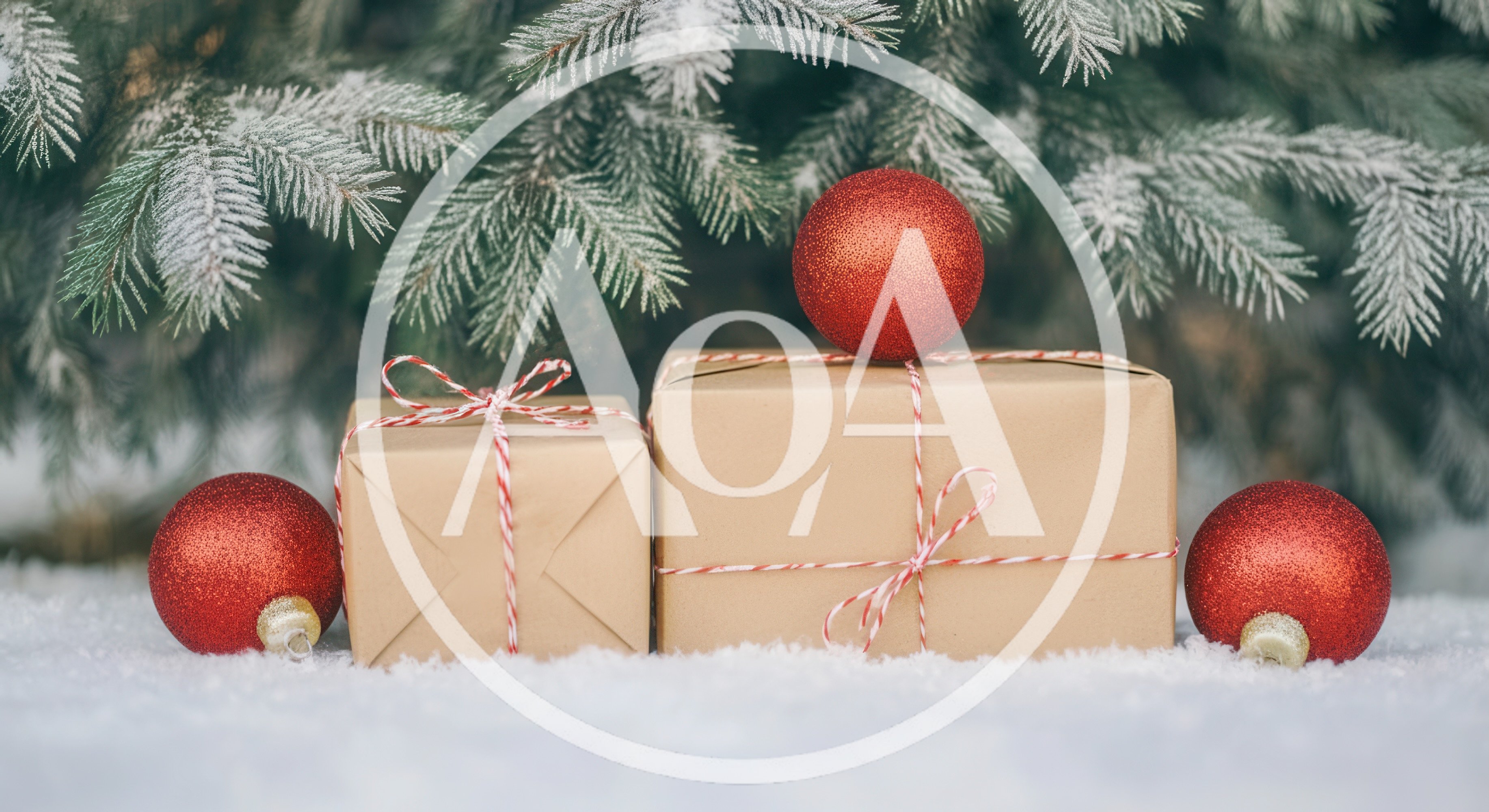 Christmas Gifts Under Snowy Pine Tree
