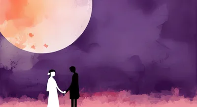 Silhouette Couple Holding Hands Under A Large Moon