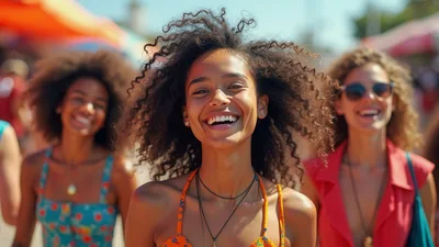 Three Diverse Women Laughing Together at an Outdoor Festival