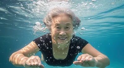 Senior Asian Woman Swimming Underwater In Clear Blue Water