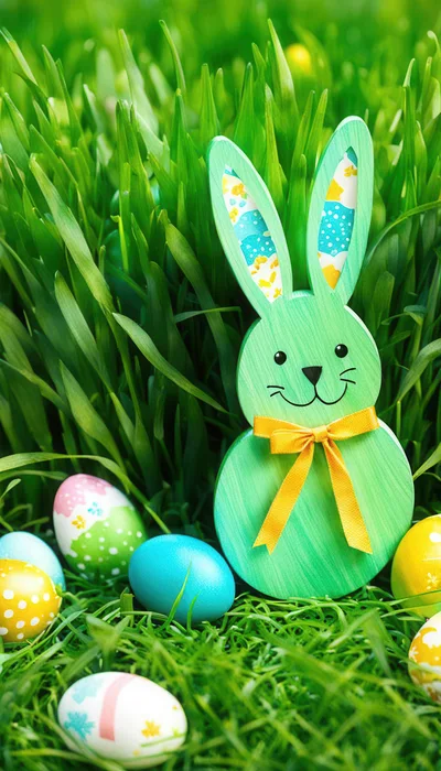 Green Wooden Easter Bunny Decoration With Colorful Eggs
