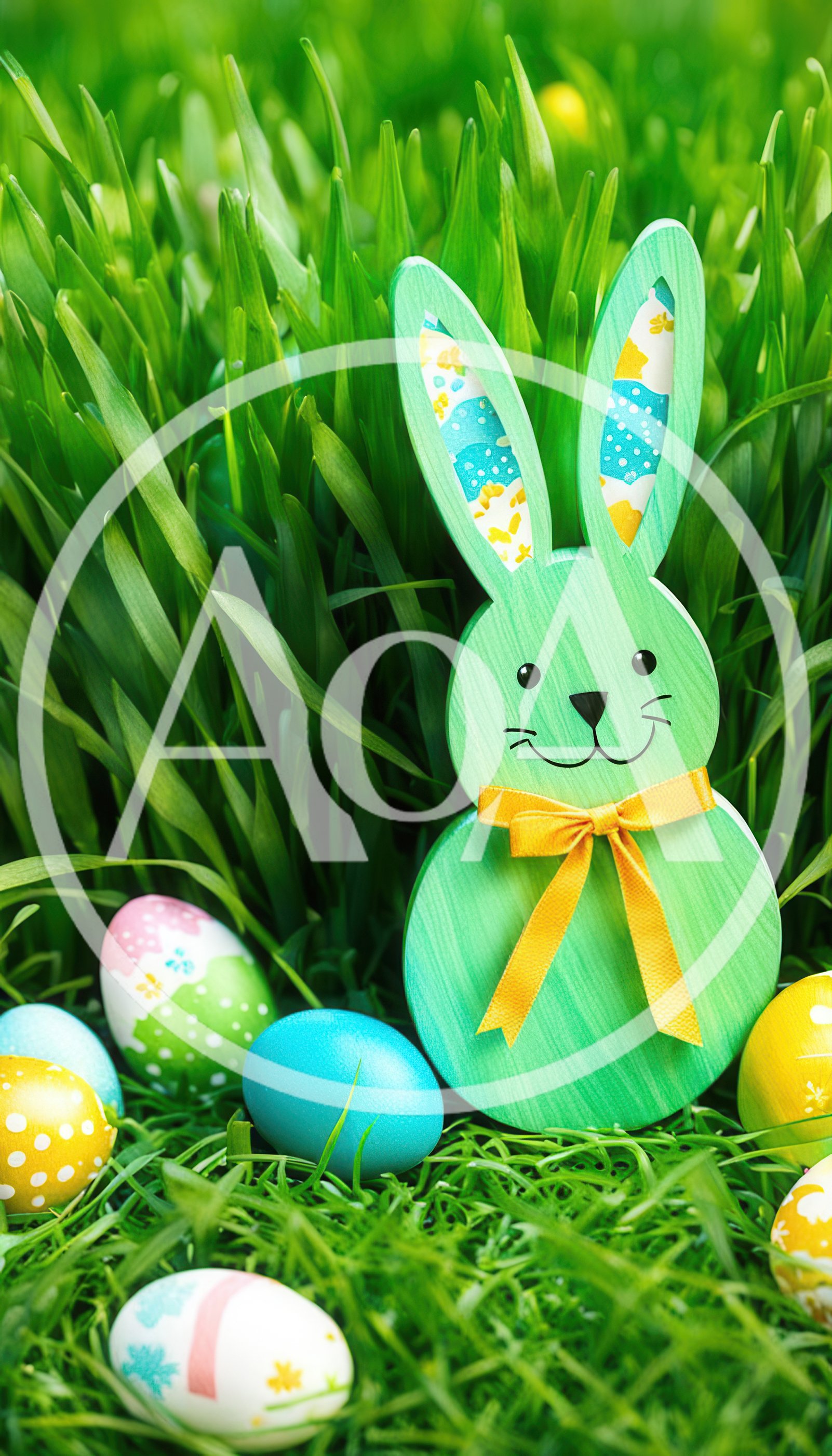Green Wooden Easter Bunny Decoration With Colorful Eggs