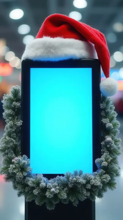 Digital Signage Display Decorated With Christmas Wreath And Hat