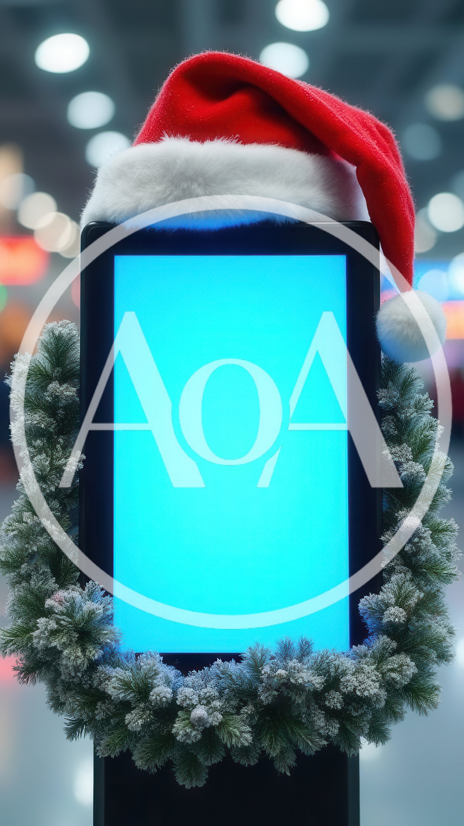 Digital Signage Display Decorated With Christmas Wreath And Hat