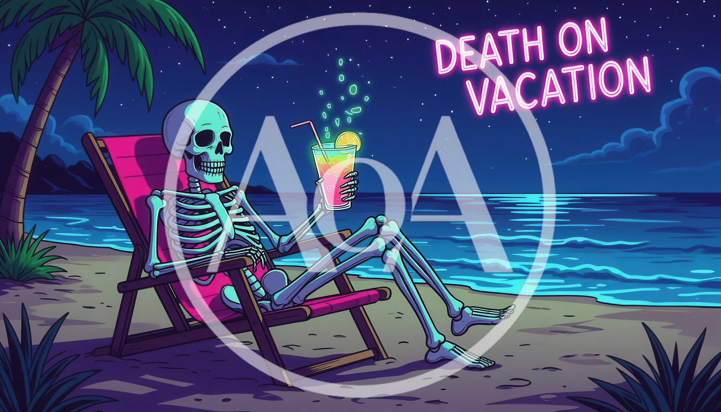 Skeleton Relaxing On A Beach Chair At Night