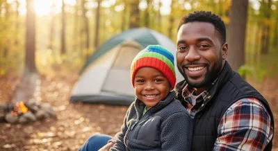 Father and Son Camping Together in the Woods