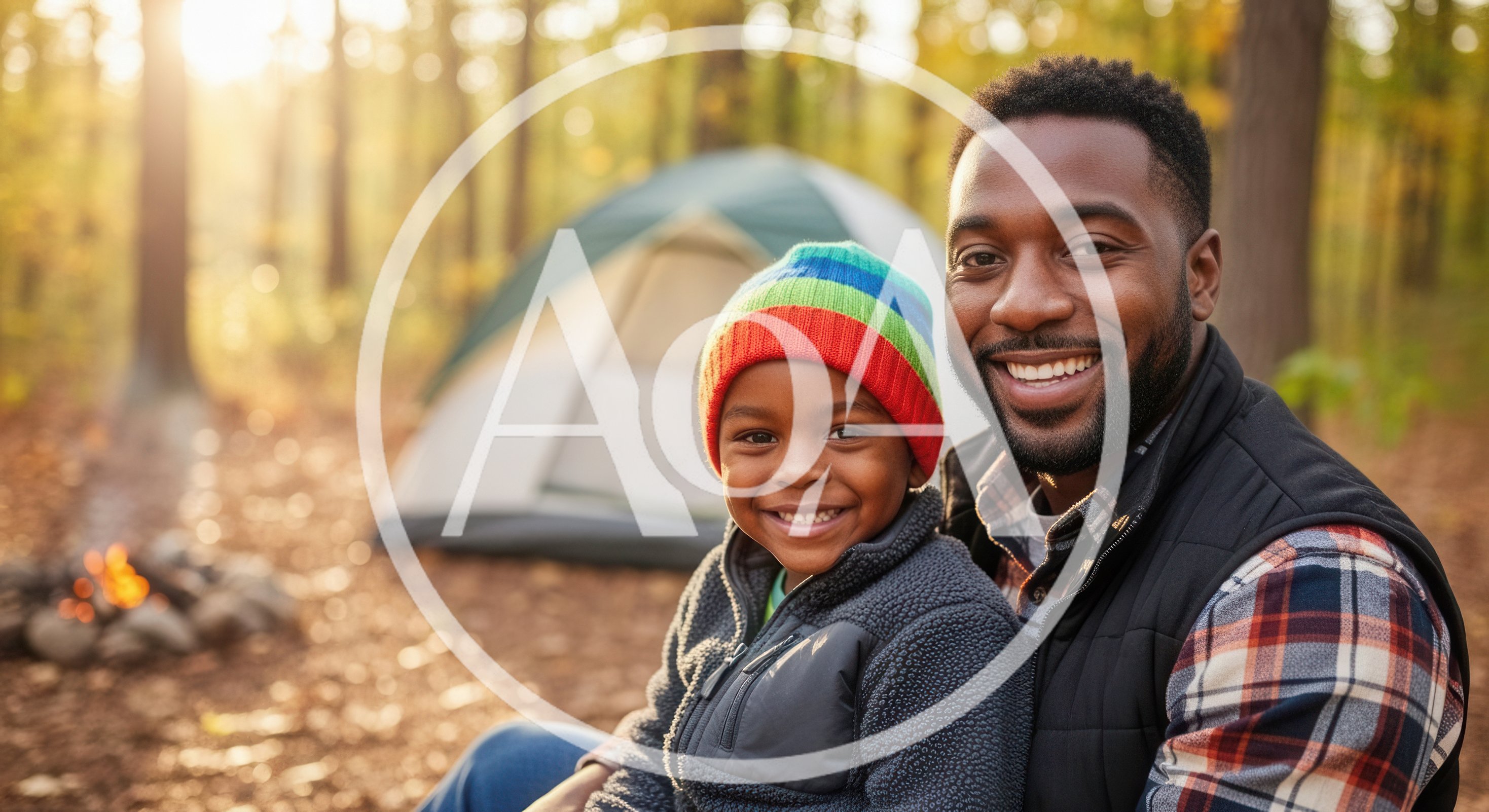 Father and Son Camping Together in the Woods