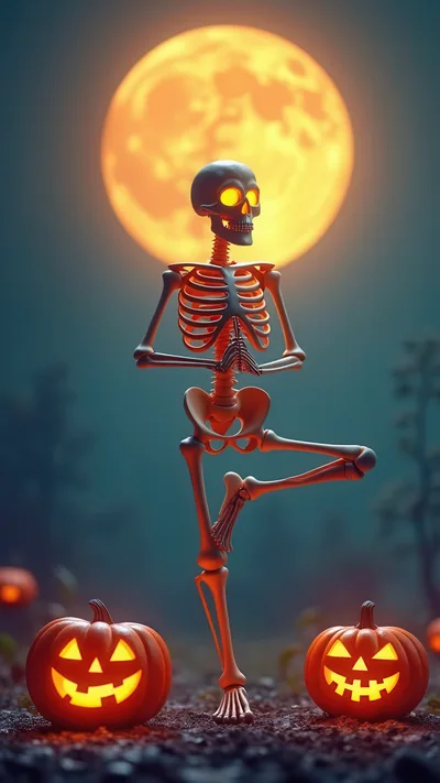 Skeleton Performing Yoga Pose Under Full Moon