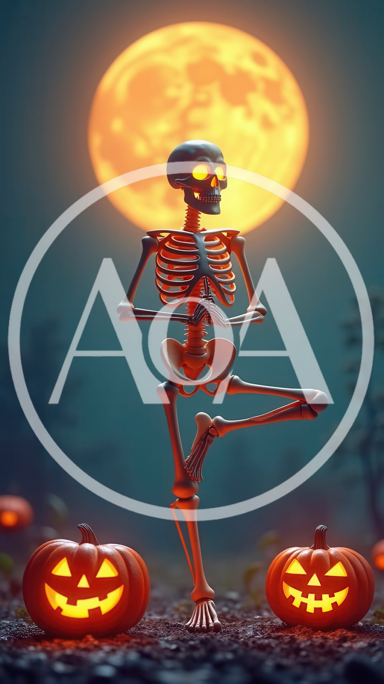 Skeleton Performing Yoga Pose Under Full Moon