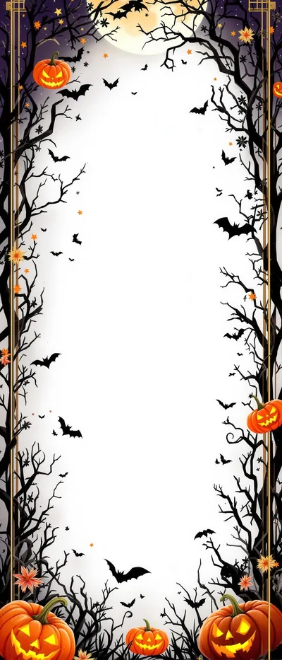 Halloween Spooky Forest Border With Pumpkins And Bats