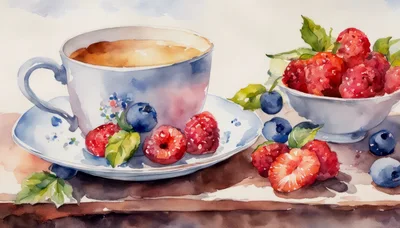 Watercolor Painting Of Tea Cup With Fresh Berries