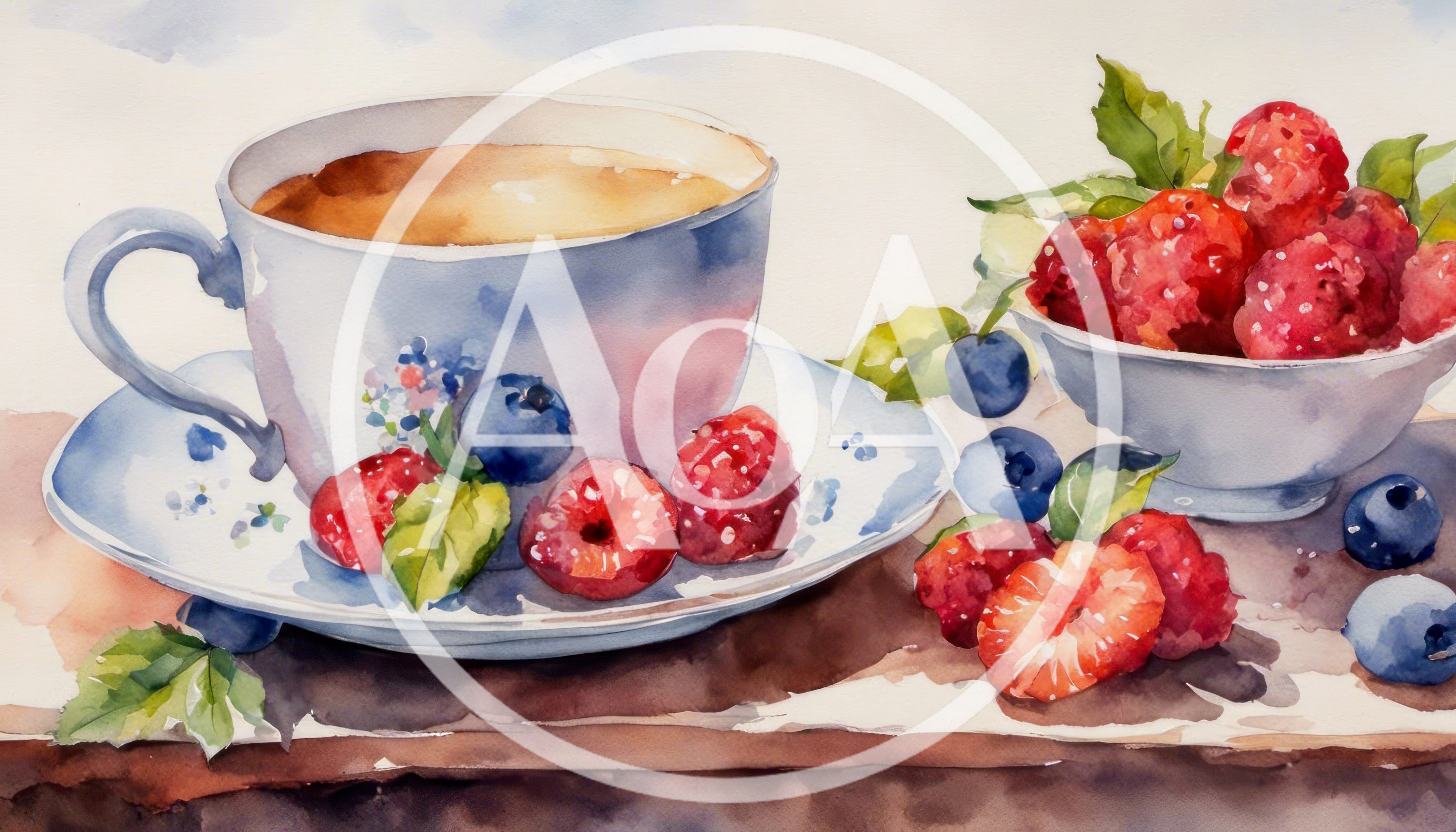 Watercolor Painting Of Tea Cup With Fresh Berries