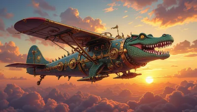 Steampunk Crocodile Airship Flying Above Clouds At Sunset