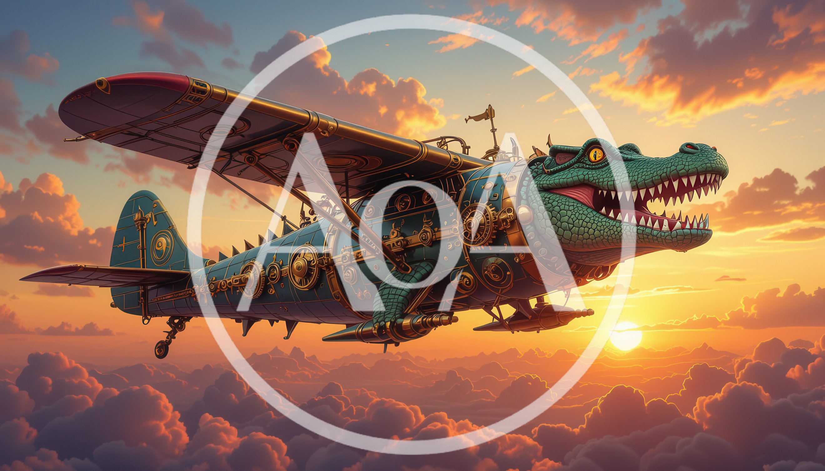 Steampunk Crocodile Airship Flying Above Clouds At Sunset