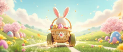 Easter Bunny Driving A Basket Cart Through Spring Meadow