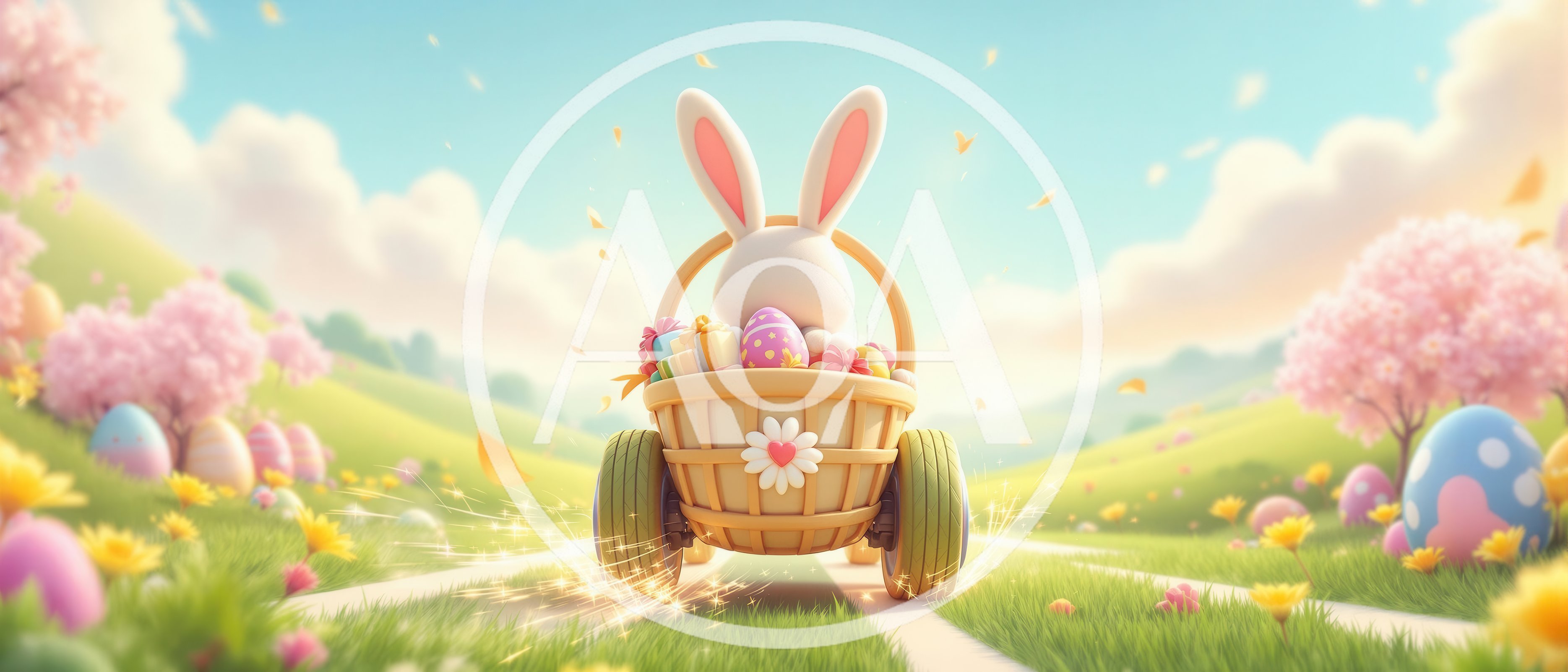 Easter Bunny Driving A Basket Cart Through Spring Meadow