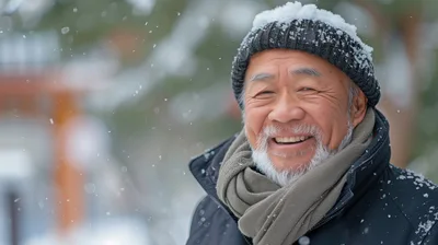 Portrait of a Smiling Elderly Asian Man in Winter