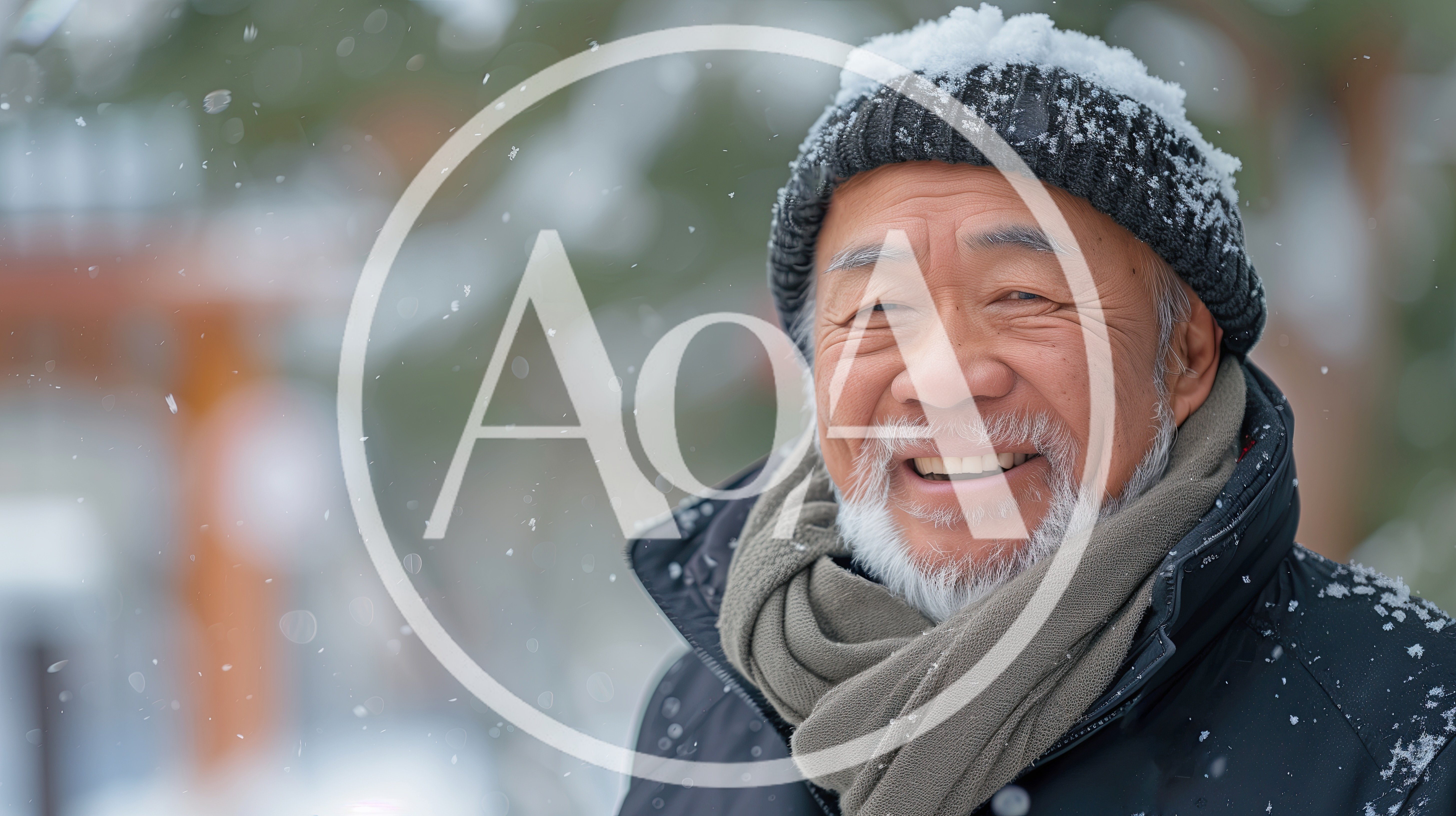 Portrait of a Smiling Elderly Asian Man in Winter