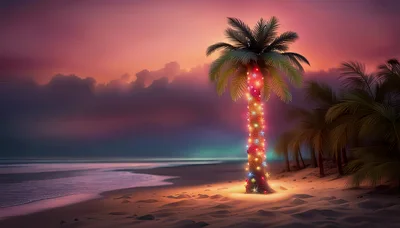 Illuminated Christmas Palm Tree On Tropical Beach