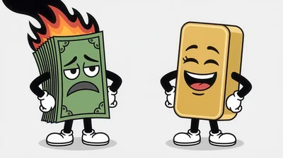 Cartoon Illustration Of Burning Paper Money And Gold Bar