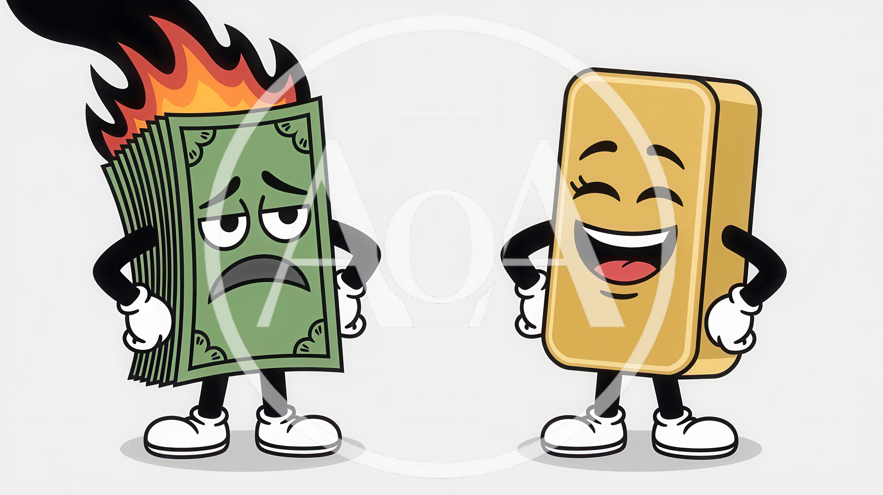 Cartoon Illustration Of Burning Paper Money And Gold Bar