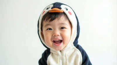 Happy Toddler Wearing A Cute Penguin Costume
