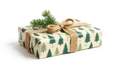 Christmas Gift Wrapped In Pine Tree Pattern Paper