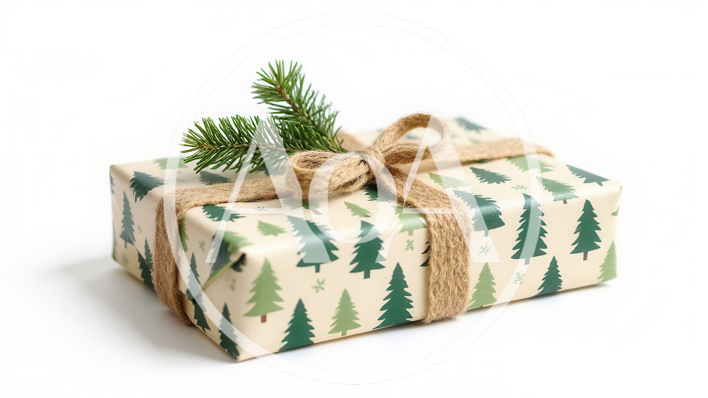 Christmas Gift Wrapped In Pine Tree Pattern Paper