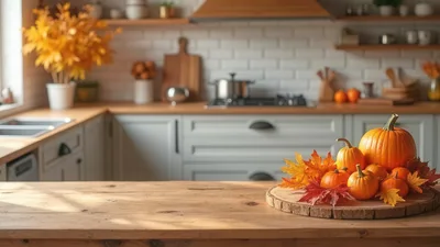Autumn Pumpkin Centerpiece On A Rustic Kitchen Counter