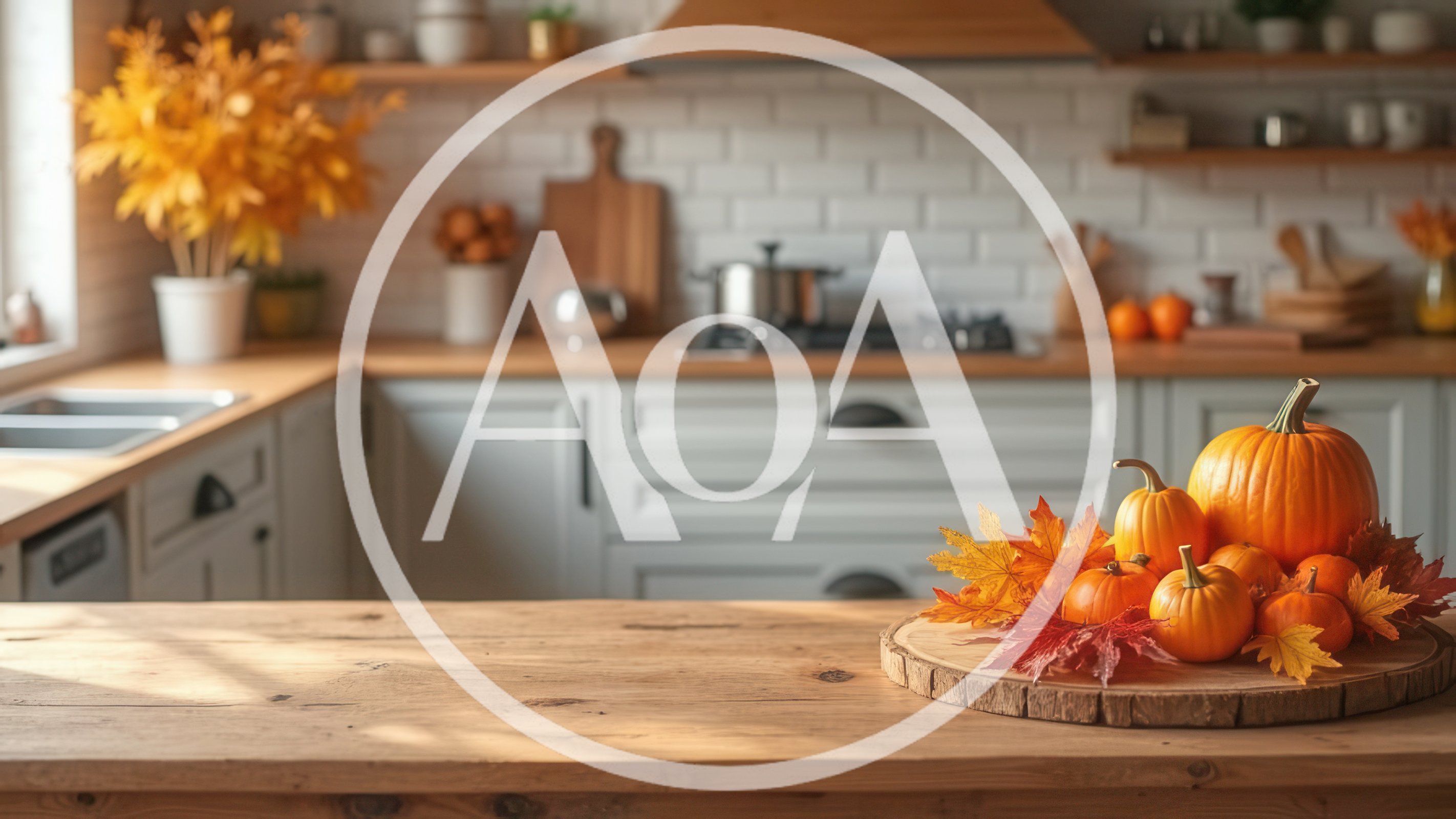 Autumn Pumpkin Centerpiece On A Rustic Kitchen Counter