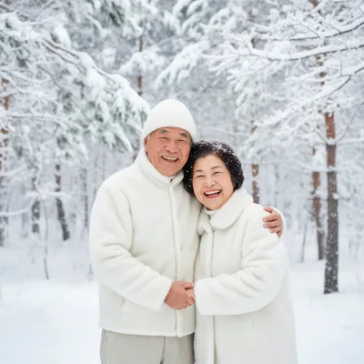 Happy Senior Couple Embracing in Snowy Forest