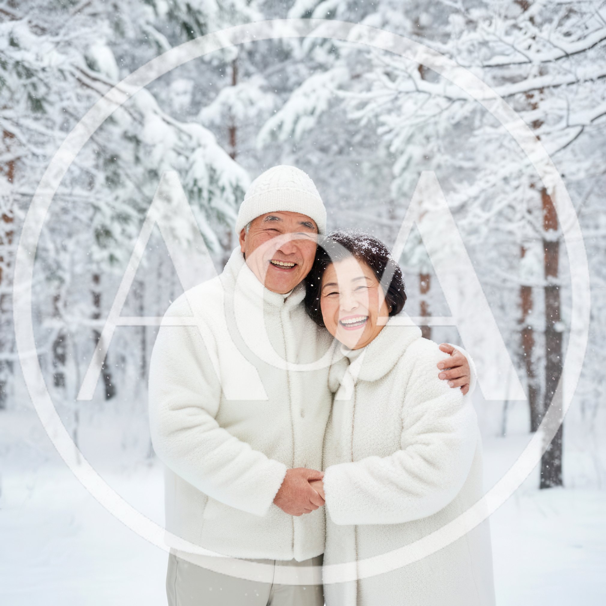 Happy Senior Couple Embracing in Snowy Forest