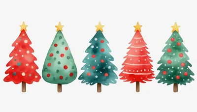 Watercolor Christmas Tree Collection On White Background