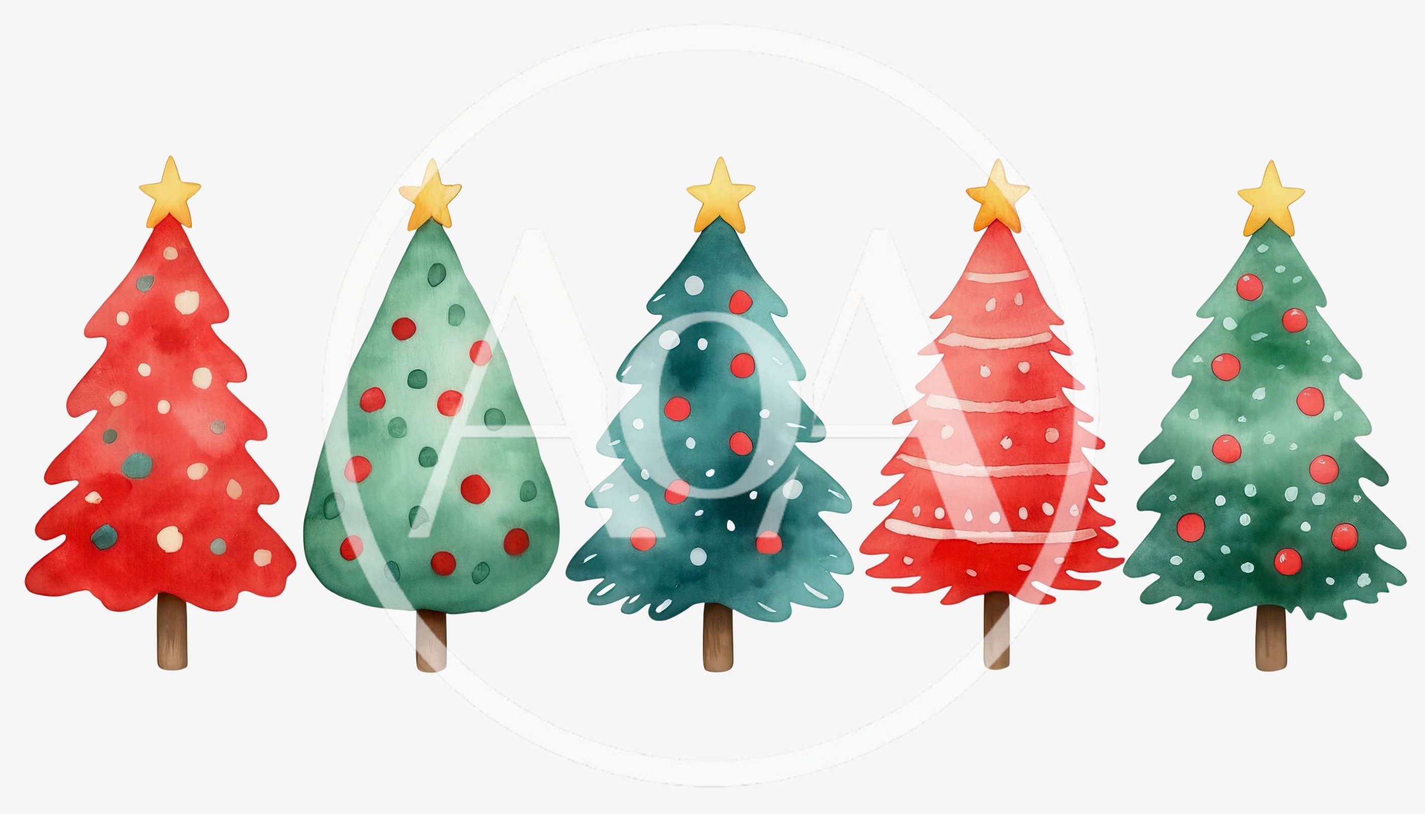 Watercolor Christmas Tree Collection On White Background