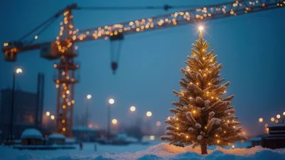 Illuminated Christmas Tree Standing In Snowy Construction Site