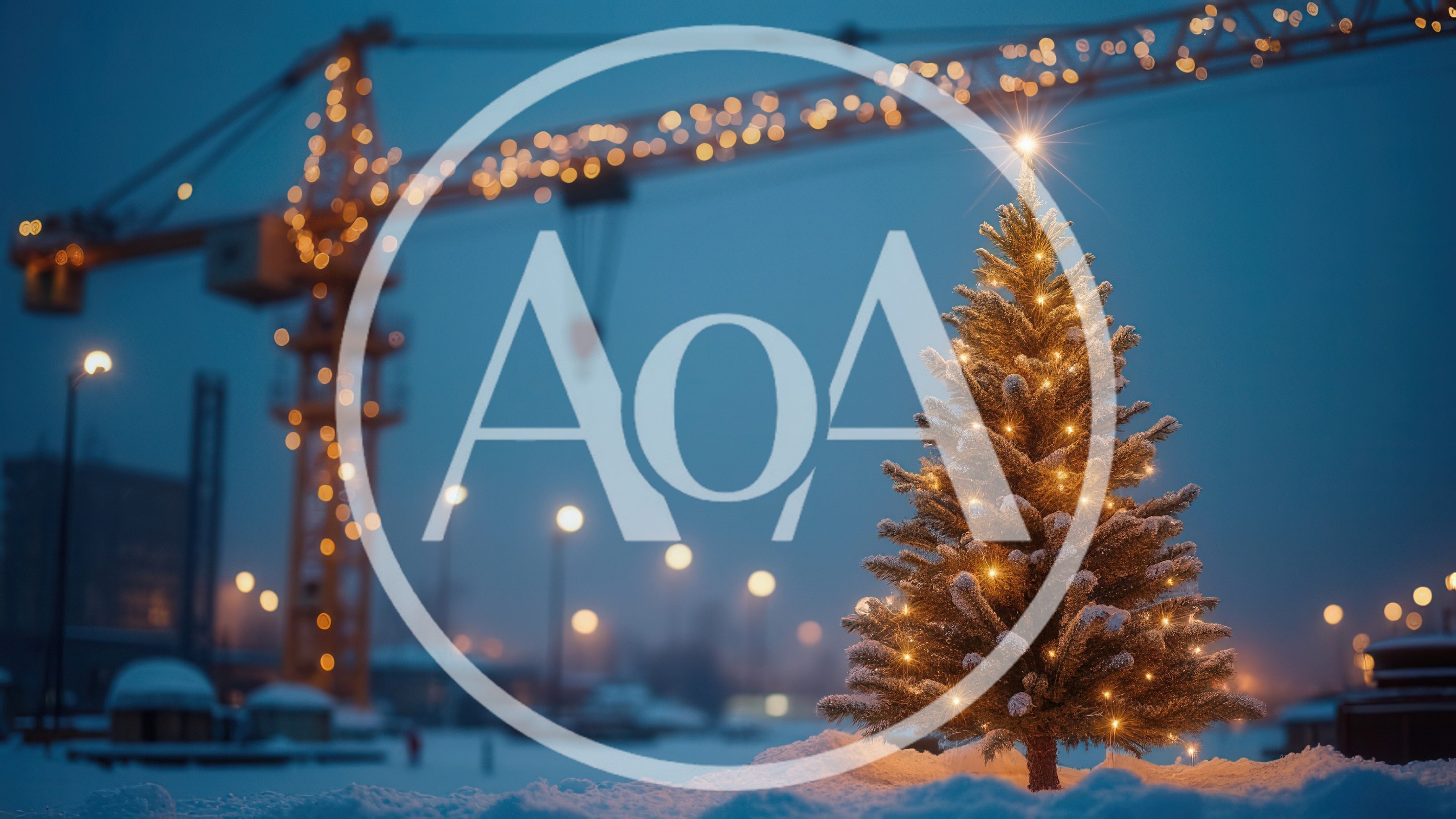 Illuminated Christmas Tree Standing In Snowy Construction Site
