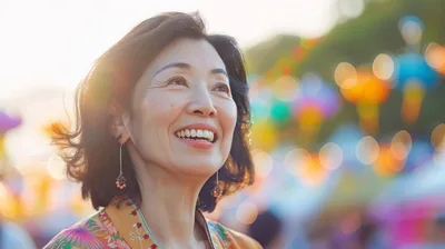 Smiling Mature Asian Woman Looking Upwards Outdoors